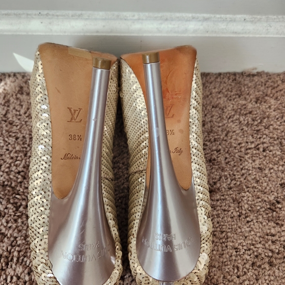 LOUIS VUITTON Beige Sequin Sanaga Open Toe Pumps Size 8.5/38.5 Authentic - Picture 12 of 14